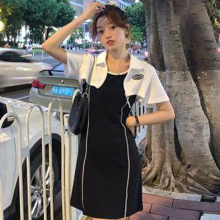 Contrast Trim Mini Tank Dress / Short-sleeve Zip-up Crop Top