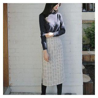 Wool Blend Check Midi Skirt