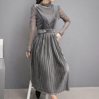 Set: Long-sleeve Mesh Top + Velvet Dress