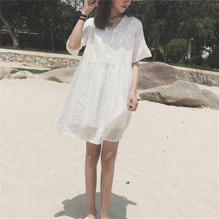 Short-sleeve Eyelet Mini A-line Dress White - One Size