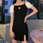 Short-sleeve Cold Shoulder Heart Embroidered Mini Bodycon Dress