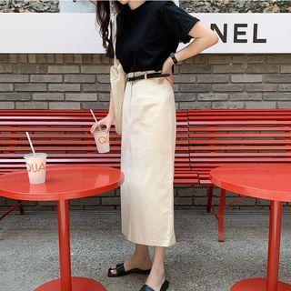 Short-sleeve Plain T-shirt / Midi Skirt / Belt / Set