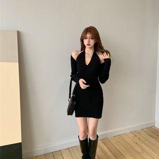 Set: Halter-neck Knit Mini Bodycon Dress + Long-sleeve Shrug