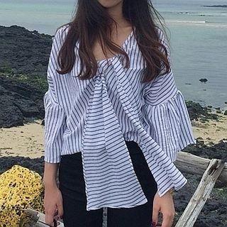 Striped Tie Neck 3/4 Sleeve Top