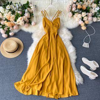 Strappy Midi A-line Dress Yellow - One Size