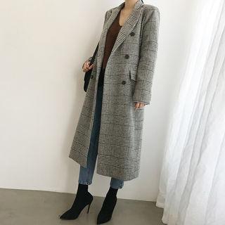 Double-breasted Glen-plaid Wool Blend Long Coat