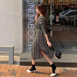 Shirred-sleeve Pattern Midi Dress