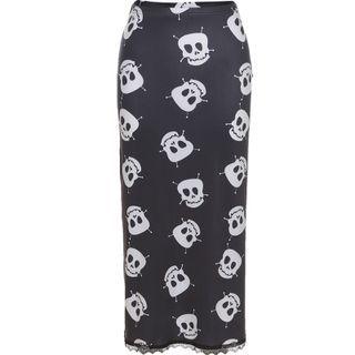 Skull Print Midi A-line Skirt