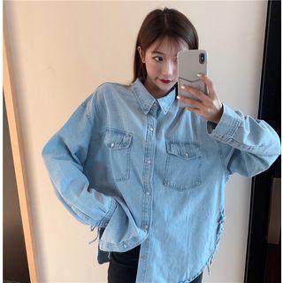 Long-sleeve Lace Up Denim Jacket As Shown In Figure - One Size