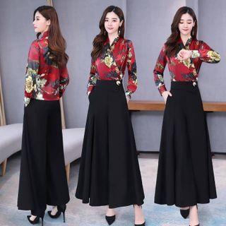 Set: Floral Print Wrap Blouse + Wide Leg Dress Pants