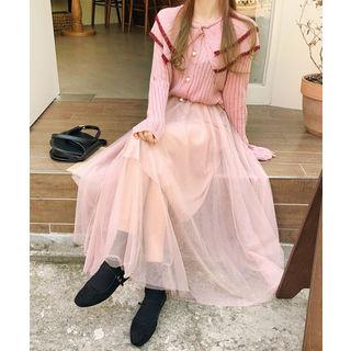 Set: Layered Wide-collar Cardigan + Tulle Skirt Pink - One Size