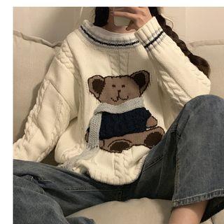 Bear Embroidered Cable Knit Sweater White - One Size