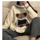 Bear Embroidered Cable Knit Sweater White - One Size