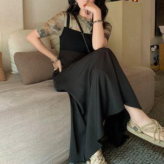 Mock Two-piece Short-sleeve Print Panel Midi A-line Dress