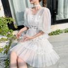 Elbow-sleeve Lace-panel Midi Tiered Mesh Dress