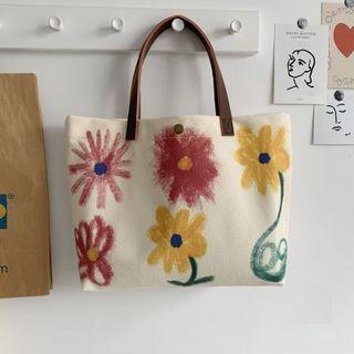 Flower Print Canvas Tote Bag Pu Strap - Flower - Off White - One Size