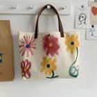 Flower Print Canvas Tote Bag Pu Strap - Flower - Off White - One Size