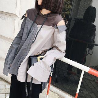 Patchwork Mock Two-piece Hooded Top