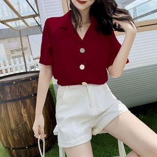 Notch Lapel Plain Short-sleeve Chiffon Blouse