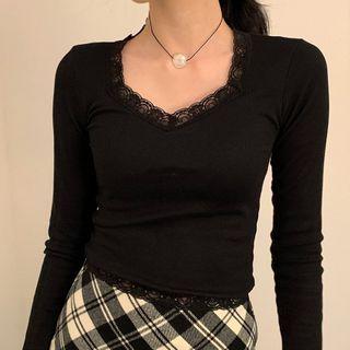 Plain Lace Panel Long-sleeve Top Black - One Size