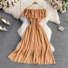 Off-shoulder Ruffled A-line Dress Khaki - One Size