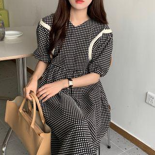 Puff-sleeve Dotted Midi A-line Dress White Dots - Black - One Size