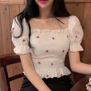 Embroidered Square Neck Puff Sleeve Top