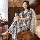 Elbow-sleeve V-neck Floral Maxi A-line Sleep Dress