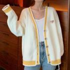 Bear Embroidered V-neck Cardigan Yellow & White - One Size