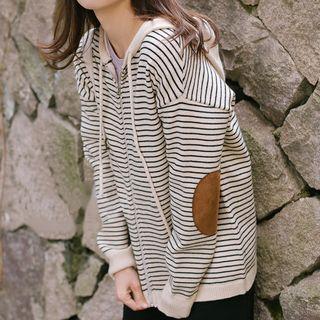 Striped Zip Hoodie With Elbow Patch