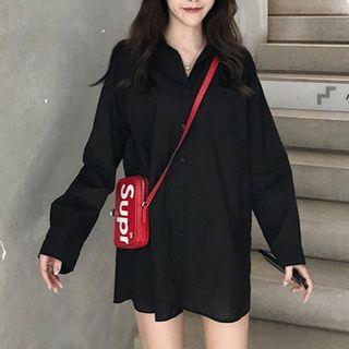Long-sleeve Mini Shirt Dress Black - One Size