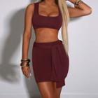 Set: Cropped Tank Top + Tie-waist Mini Fitted Skirt