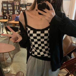 Plain Cardigan / Checkered Camisole Top