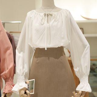 Plain Tie-neck Bell-sleeve Blouse