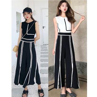 Set: Contrast Trim Tank Top + Slit Wide Leg Pants