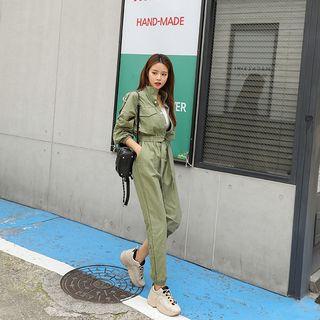Stand-collar Shirtwaist Jumpsuit With Sash