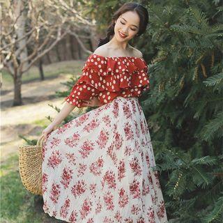 Set: Off-shoulder Dotted Top + Midi Floral A-line Skirt