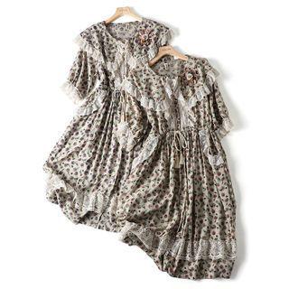 Puff-sleeve Floral Print Lace Trim A-line Dress