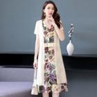 Set: Sleeveless Floral Print Midi A-line Dress + Short-sleeve Chiffon Jacket