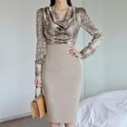 Long-sleeve Snake-print Top / Midi Fitted Skirt
