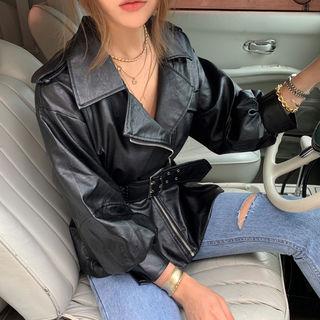 Belted Pleather Peplum Jacket Black - One Size