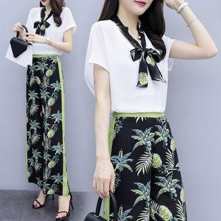 Set: Tie-neck Short-sleeve Blouse + Printed Wide-leg Pants