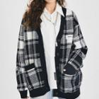 Long-sleeve V-neck Color-block Plaid Cardigan