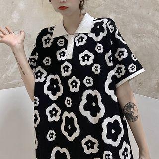 Elbow-sleeve Floral Print Polo Dress
