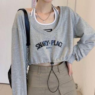 Set: Applique Cropped Halter Top + Lettering Drawstring Sweatshirt