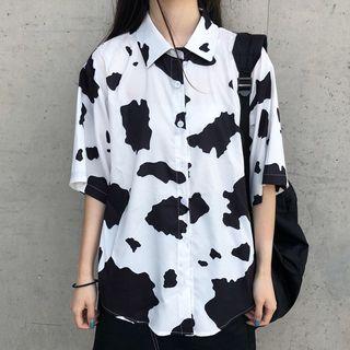 Short-sleeve Cow Print Shirt As Shown In Figure - One Size