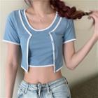 Short-sleeve Mock Two-piece Contrast-trim Top
