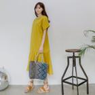 Short-sleeve Ruffle-hem Cotton Long Dress