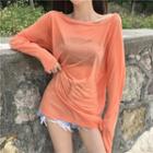 Long-sleeve Round Neck Plain Loose Fit Sheer T-shirt