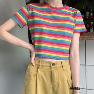 Rainbow Striped Crop T-shirt Tee - Rainbow - One Size